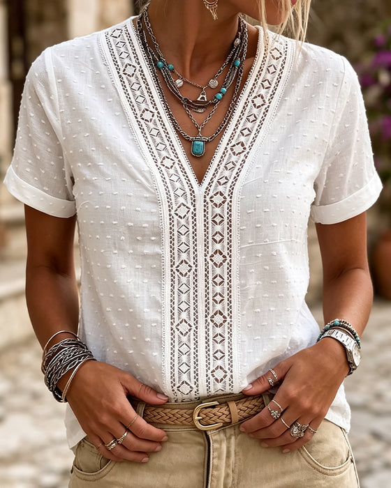 Blouse V-Hals Diamant Uitsnede 3D Bloemig Effen