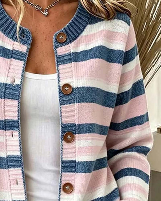 Cardigan Gestreept Ronde Hals Enkelrijg