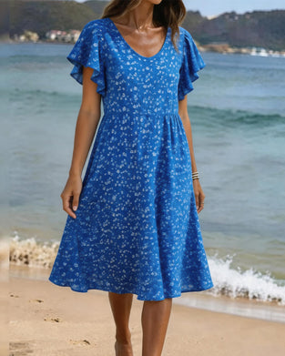 Jurk U-Hals Taille Print Flutter Mouw