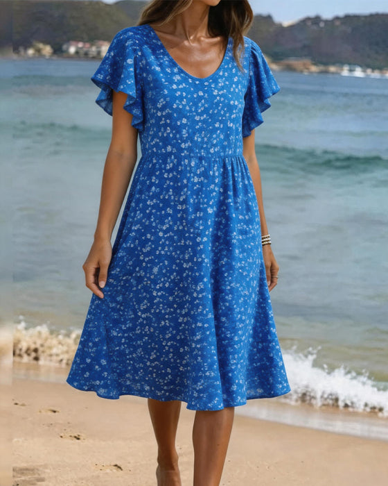 Jurk U-Hals Taille Print Flutter Mouw