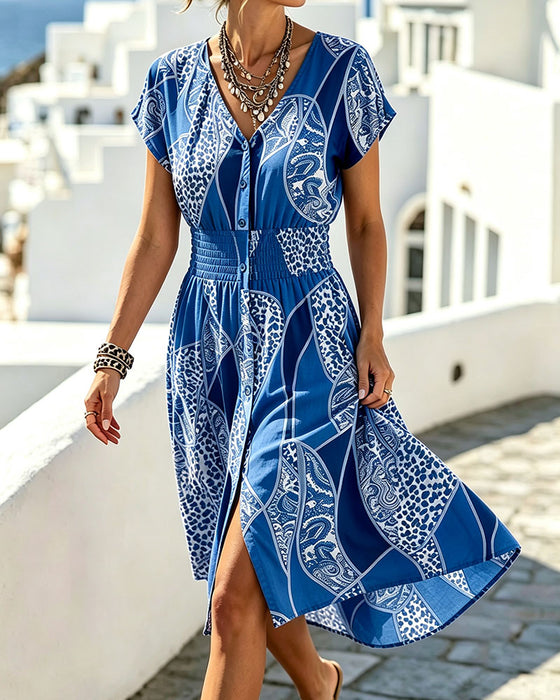 Jurk Luipaardprint V-Hals Knoop Taille
