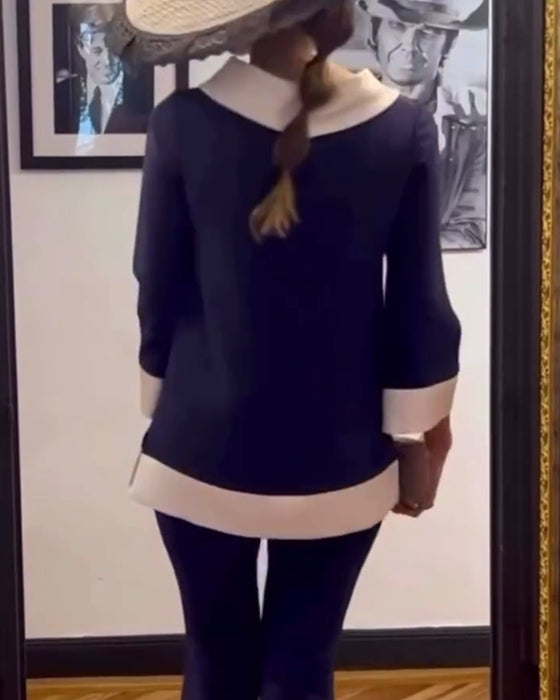 Casual contrasterende kleur losse top met opstaande kraag