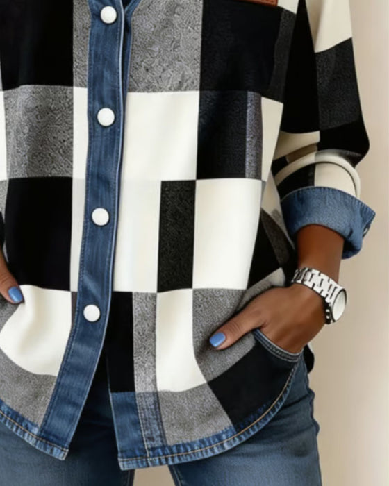 Overhemd Geruit Kleurblok Denim Patchwork