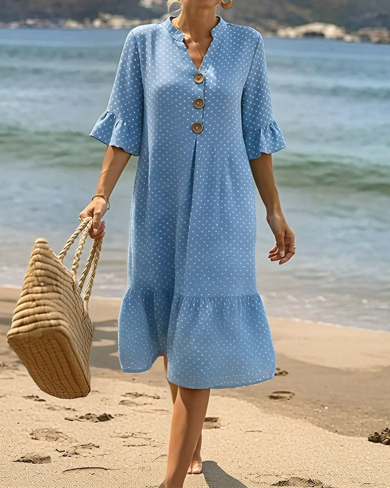 Jurk Polka Dot V-Hals Geruwde Mouw