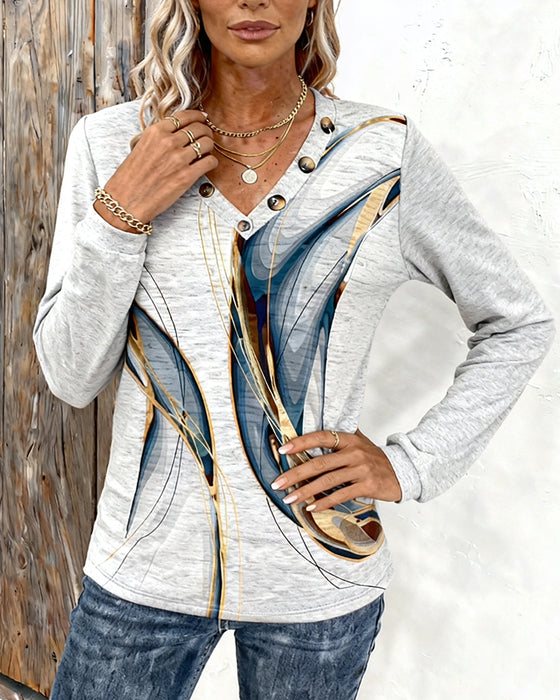 Gedrukte Casual Top Met V-Hals En Lange Mouwen