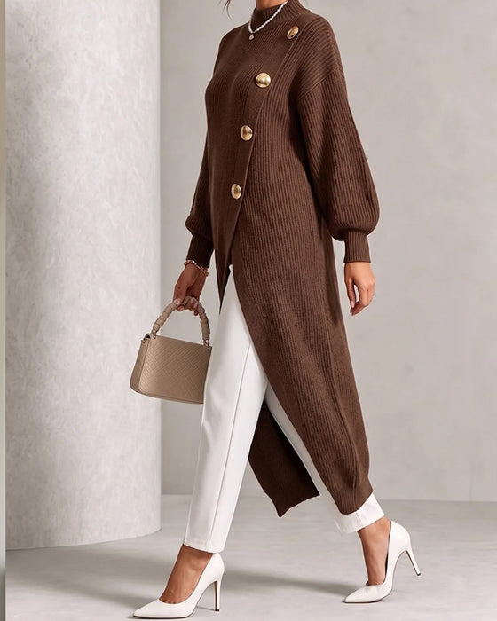 Sweater Dress Diagonaal Knoop Split Lantaarn Mouw