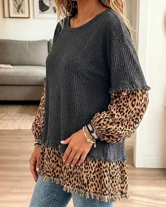 Top Ronde Hals Luipaardprint Patchwork Franjes