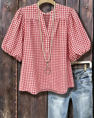 Blouse Ruitprint Pofmouw Korte Mouw