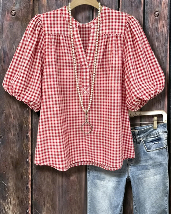 Blouse Ruitprint Pofmouw Korte Mouw
