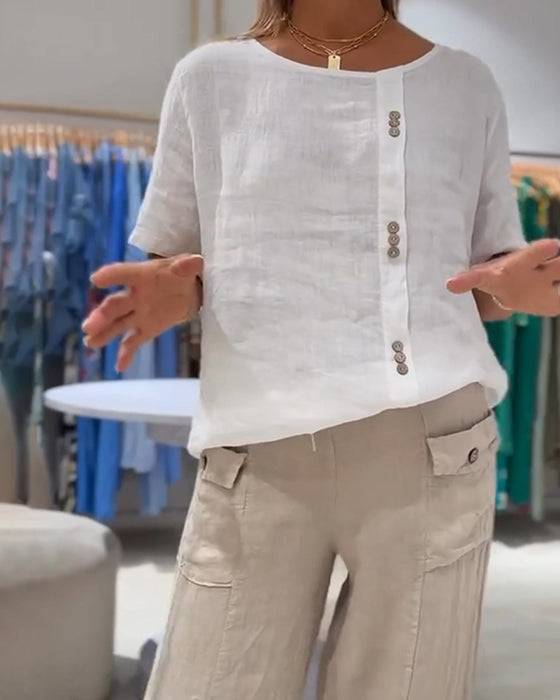 Casual Losse T-shirt Met Knop