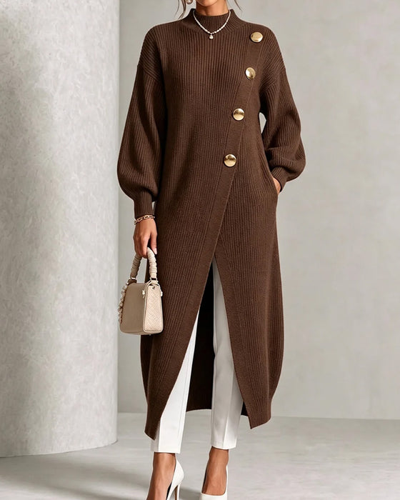 Sweater Dress Diagonaal Knoop Split Lantaarn Mouw