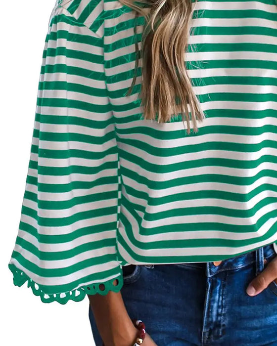 Blouse Ronde Hals Drop Schouder Streep Uitsnede