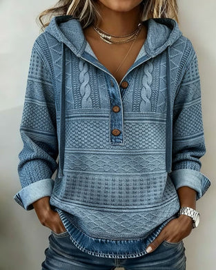 Hoodie Van Denim Met Kabelssteek En Patchworkdetails