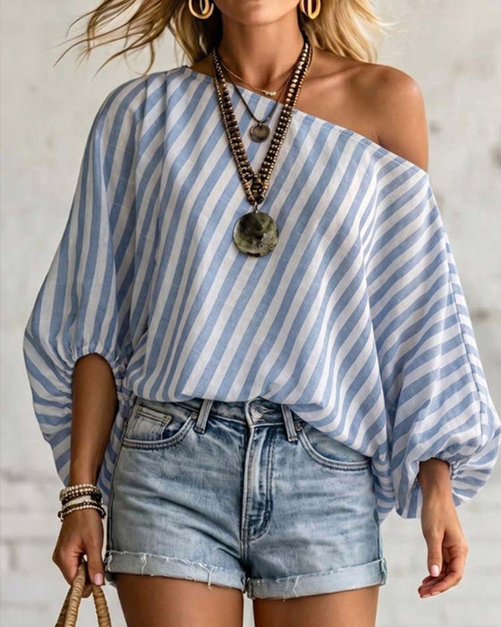 Blouse Asymmetrische Hals Streep Pofmouw