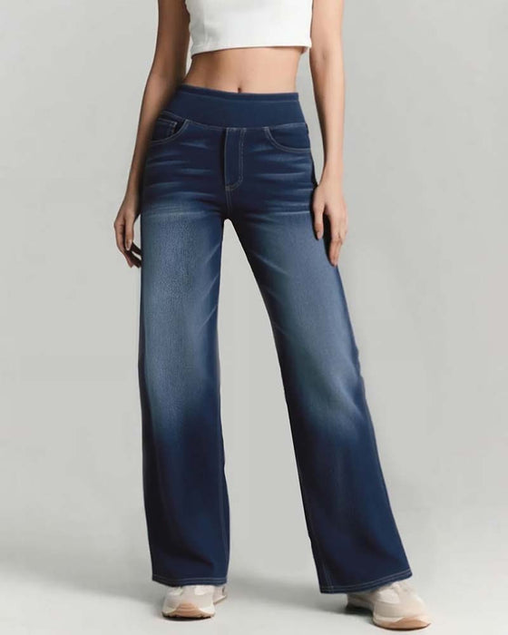Broek Elastische Taille Denim Wijde Pijp