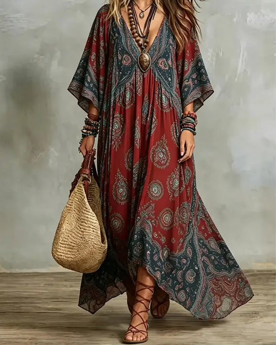 Jurk Vintage Bohemien V-Hals Bedrukt Maxi