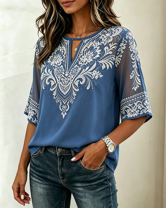 Blouse V-Hals Sheer Etnisch Print