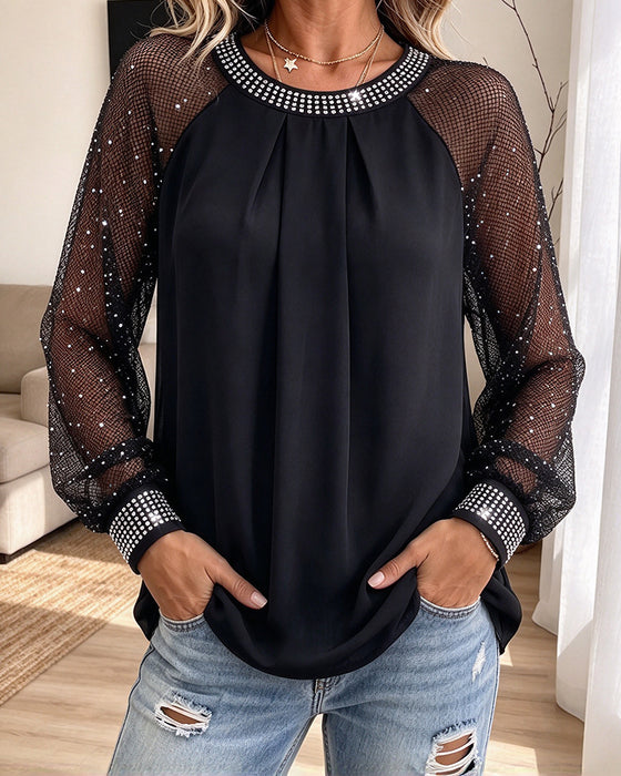 Top Ronde Hals Mesh Geplooid Lange Mouw