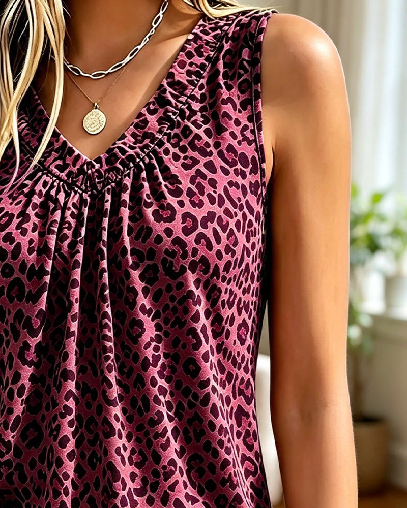 Tank Top V-Hals Luipaard Gerimpeld