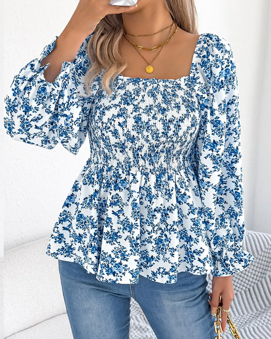 Blouse Vierkante Hals Gerimpeld Bloemig Ruffle