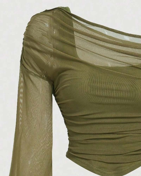 Blouse Gaas Geruwd Lange Mouw Cami