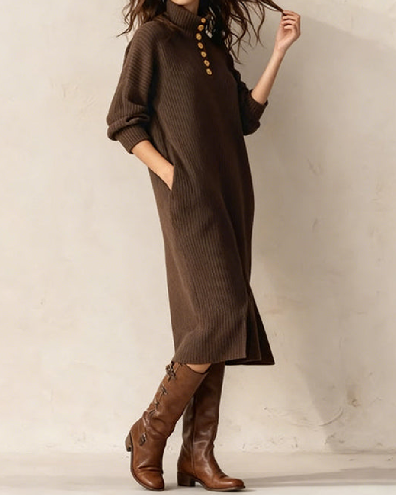 Jurk Met Hoge Kraag Ontwerp, Knop Detail En Gescleten Onderkant