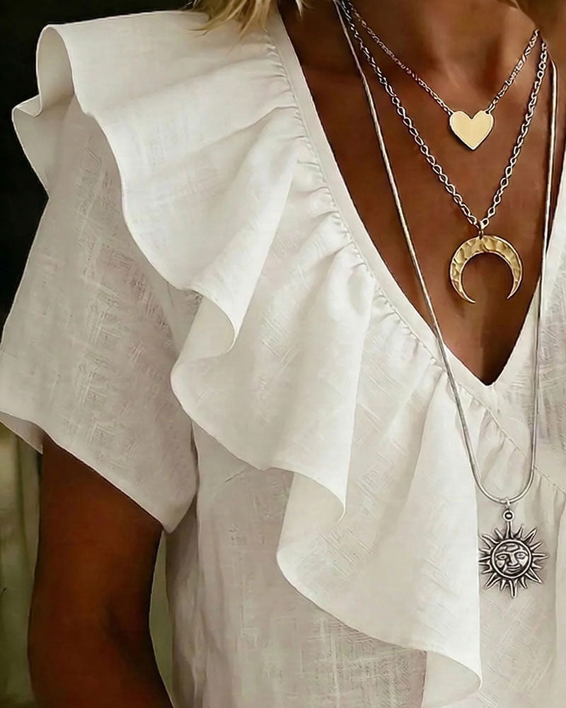 Blouse V-Hals Korte Mouw Ruches