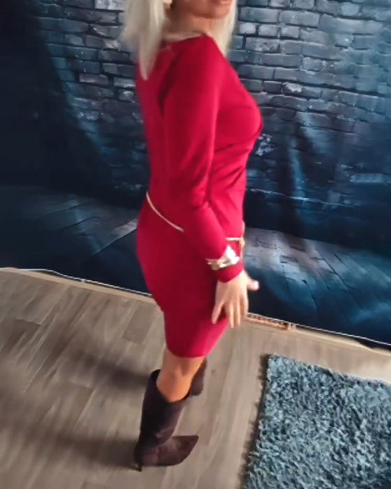 Modieuze Jurk Met V-Hals En Lange Mouwen