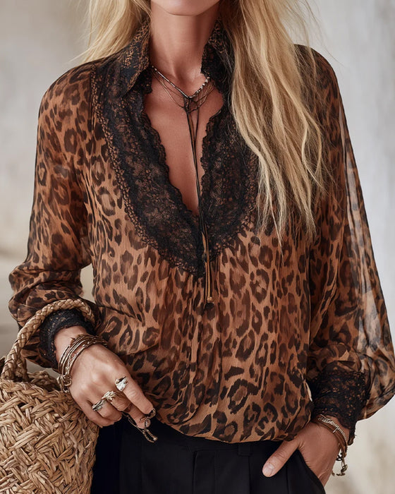 Blouse V-Hals Luipaard Lange Mouw
