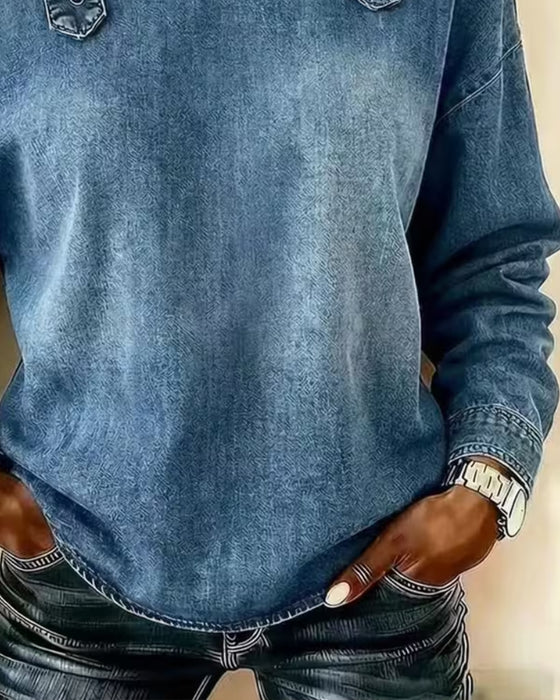 Blouse Spaghettiband Off-Shoulder Denim Metalen Knoop