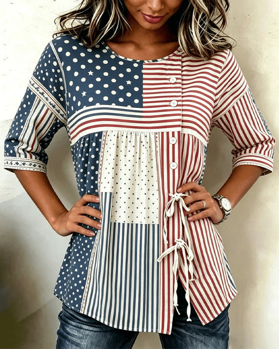 Blouse Vlag Afdruk Patchwork Stropdas