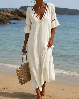 Jurk Diepe V Ruffle Mouw Uitgesneden Kant