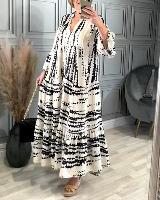 Casual jurk met contrasterende print en klokmouwen