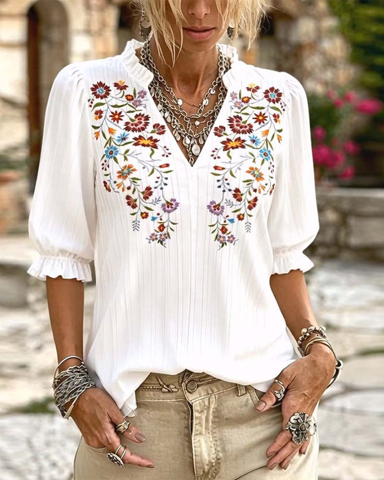 Blouse Ruffle Trim Print Casual