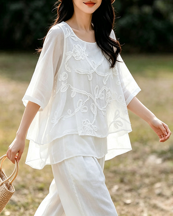 Blouse Effen Kleur Ronde Hals