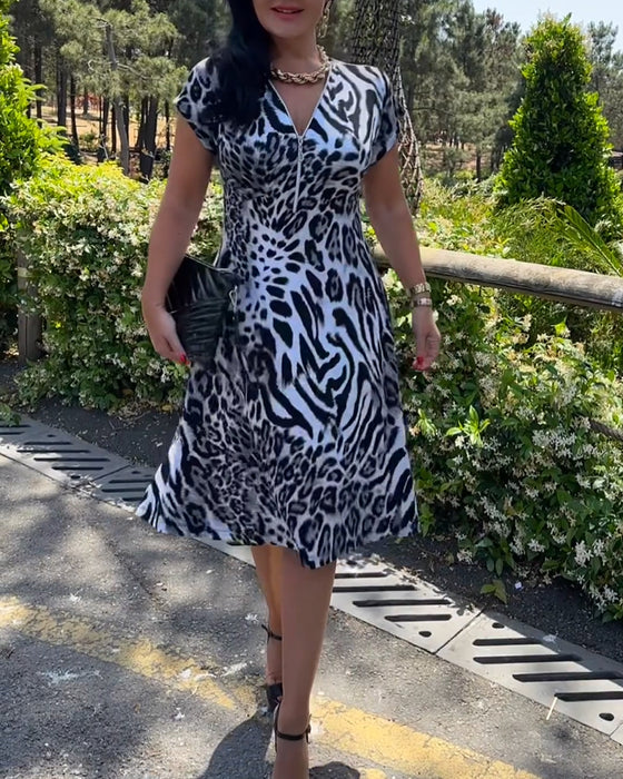 Jurk V-Hals Ritssluiting Luipaardprint