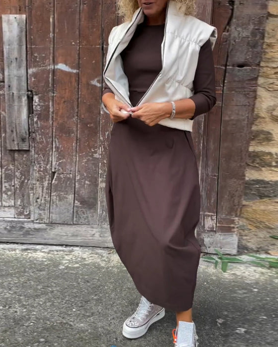 Eenvoudige effen kleur zak lange mouw elegante jurk