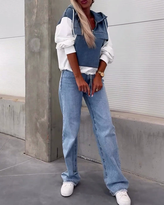 Casual denim patchwork hoodie met rits