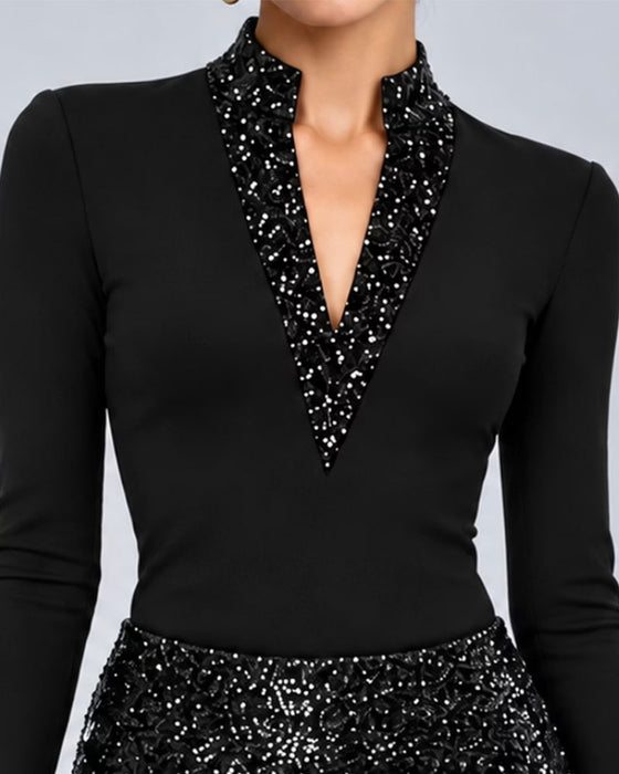 Top V-hals Effen Slim Lange Mouw