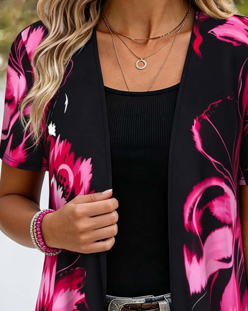 Blouse Zwarte Basis Roze Rood Bloemen