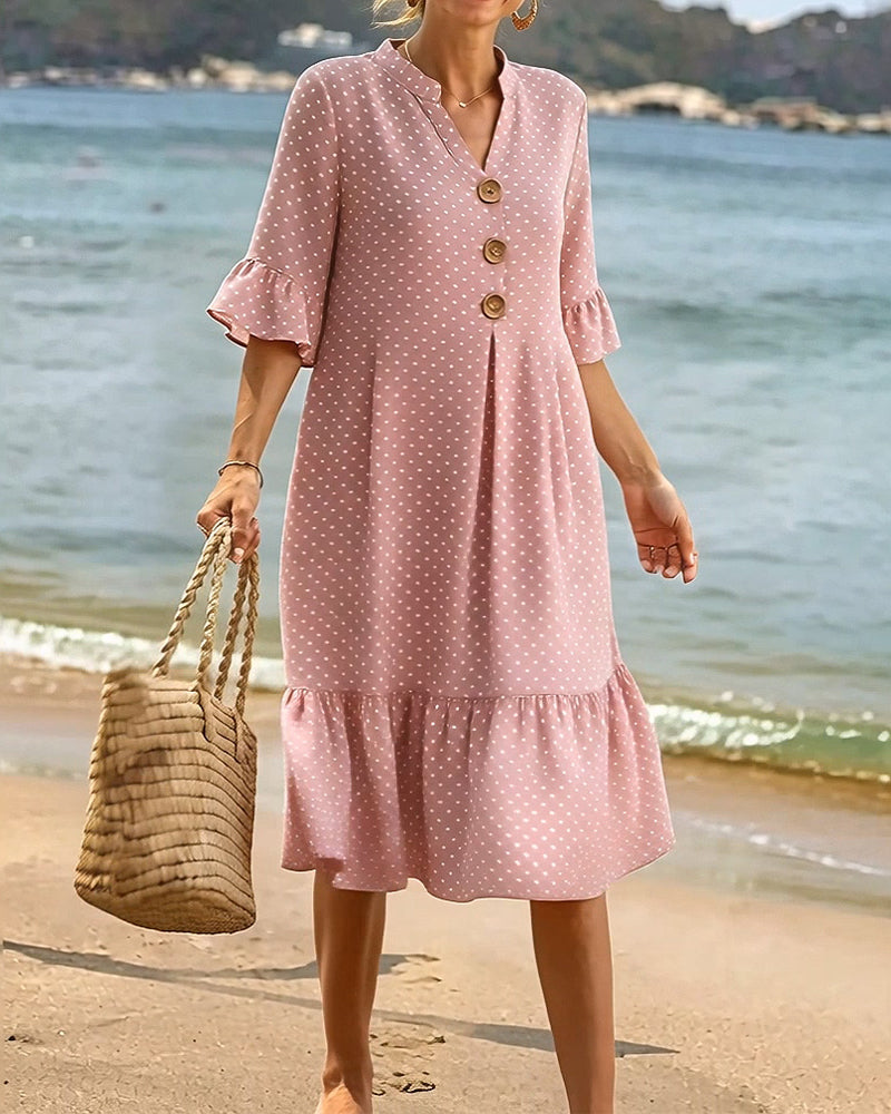 Jurk Polka Dot V-Hals Geruwde Mouw
