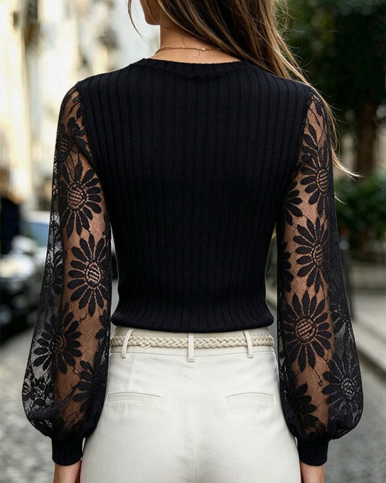 Top V-hals Lange Mouw Kant Patchwork