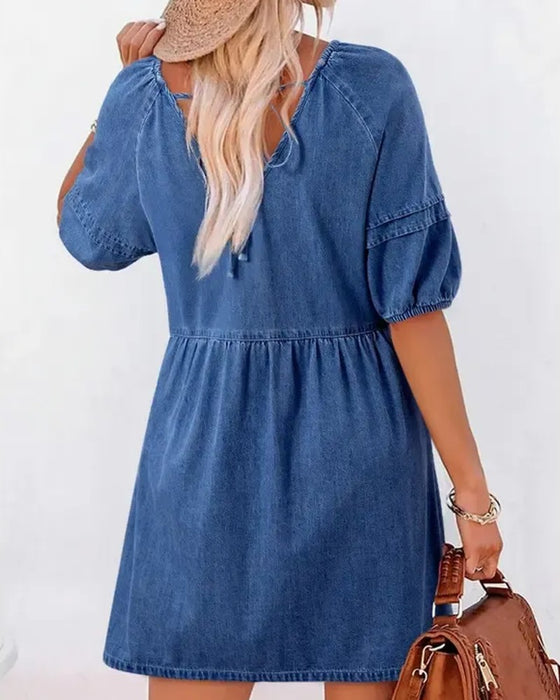 Jurken Denim V-Hals Puff Mouw