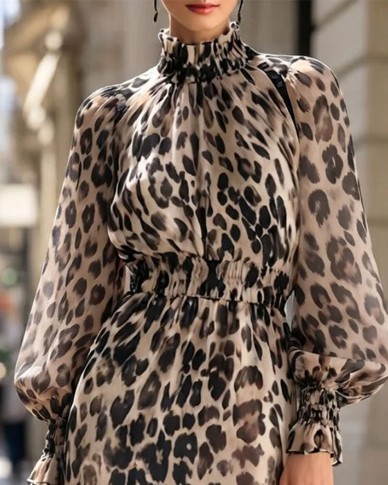 Jurk Hoge Hals Luipaard Getailleerde Taille Ruffle
