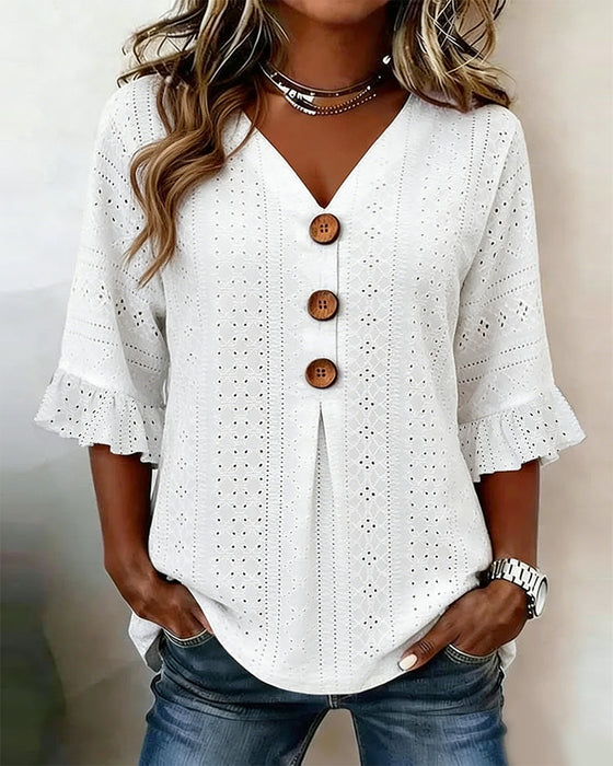 Blouse Geruwd Uitlopende Mouw Hol Uit Kant