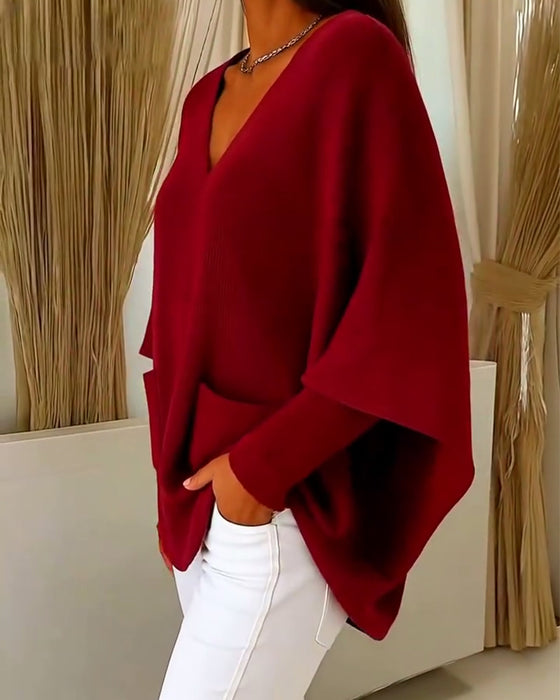 Langmouwige Pullover Met Zakken En V-Hals