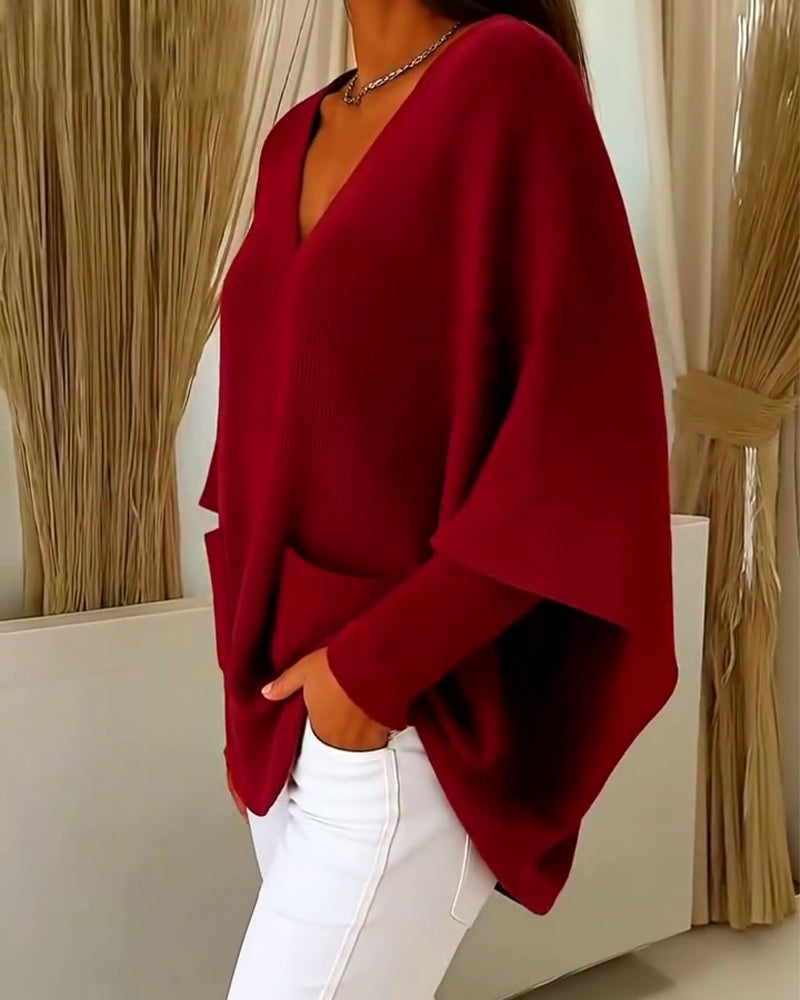 Langmouwige Pullover Met Zakken En V-Hals