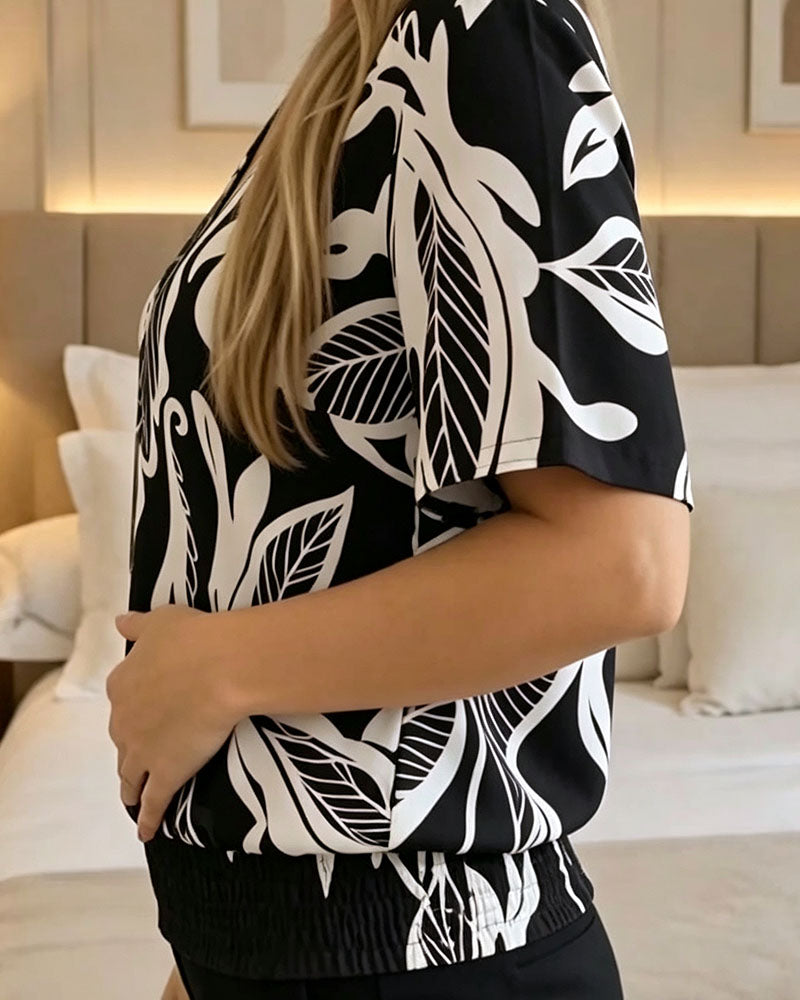 Blouse Bloemenprint Elastische Zoom Korte Mouw