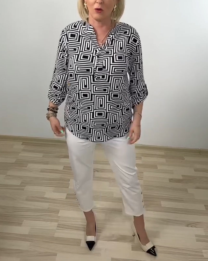 Overhemd Geometrisch Half-Open Kraag Driekwart Mouw