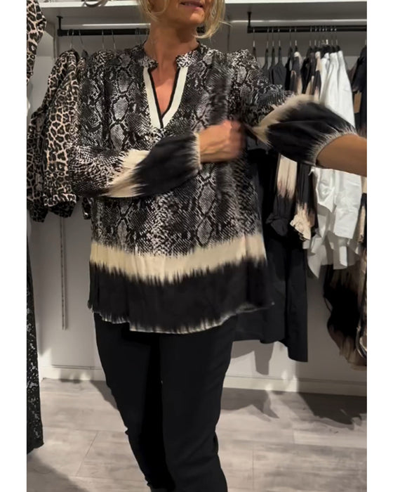 Blouse met kleurblokken met V-hals en slangenprint